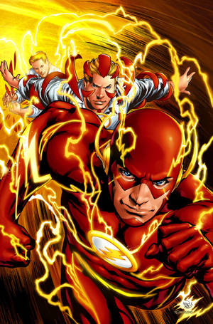 The Flash身穿紅黃色套裝，被閃電包圍