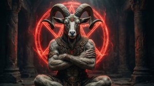 一個山羊頭的惡魔交叉雙臂，坐在石廟中發光的紅色五角星前。