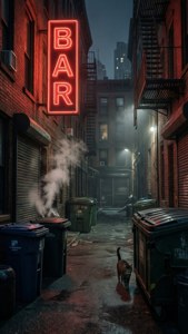 一隻貓在雨中的城市小巷裡行走，小巷被紅色霓虹燈酒吧招牌照亮。
