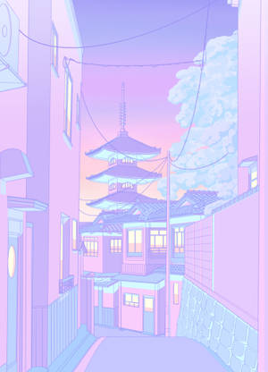 一條狹窄的日本小巷，遠處有寶塔，在粉彩天空下。 — 唐人街 GIF 壁紙