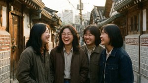 四位微笑的女性一起站在歷史悠久的韓國小巷中