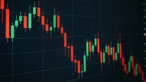 金融蠟燭圖，以紅色和綠色條形顯示股票市場趨勢。