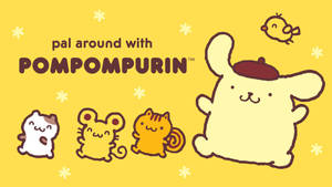 Pompompurin和三個小動物朋友在黃色背景上，帶有星星。