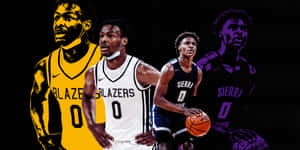 三名身穿 Blazers 球衣的籃球運動員拿著籃球擺姿勢。 — 勒布朗·詹姆斯 壁紙