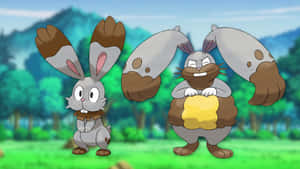 兩隻動畫兔仔Pokémon企喺有樹同山嘅草地上。 — 迷霧森林 壁紙