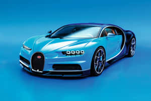 一輛藍色Bugatti Chiron跑車在攝影棚燈光下。