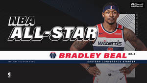 NBA全明星布拉德利·比爾東部聯盟首發圖形，帶有球隊標誌和粗體字體。