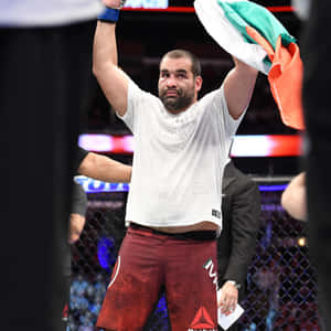 MMA拳手在八角籠內高舉雙臂並揮舞旗幟慶祝勝利。