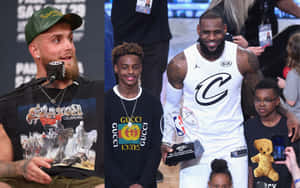 勒邦占士手持NBA獎項與孩子們，旁邊有一個戴帽子的鬍鬚男對著咪高峰說話。