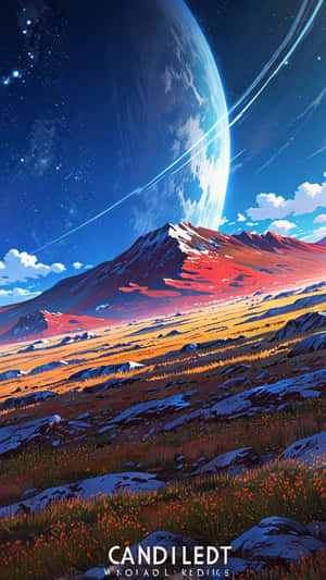 在巨大行星和流星下，日落時分積雪的山脈