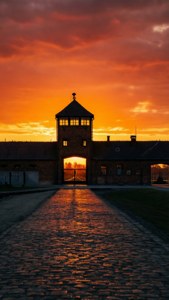 夕陽下的歷史磚門與鵝卵石小徑