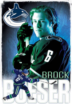 冰球運動員 Brock Boeser 身穿球隊裝備，在冰藍色背景前手持球棍。 — 運動 壁紙