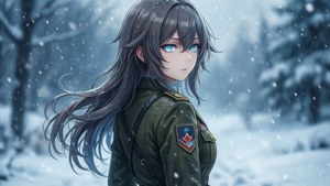冬季雪地森林中站著的軍服動漫女孩。