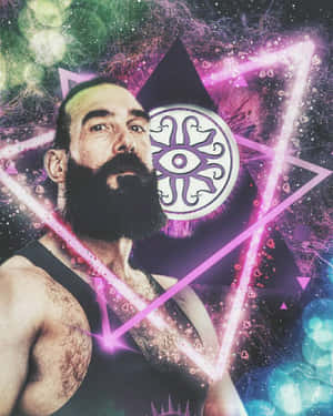 留鬍鬚的男人在宇宙霓虹三角形光芒中，帶有神秘眼睛符號。 — 高解析度 壁紙