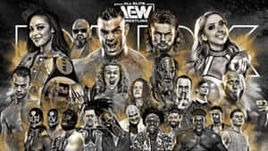 All Elite Wrestling名單，包括摔角手展示冠軍腰帶和戲劇性姿勢。