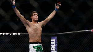 MMA拳手在八角籠中高舉雙臂慶祝勝利。