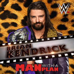 WWE摔角手Brian Kendrick手持冠軍腰帶，腰帶上有'Man With A Plan'文字，背景為豹紋。