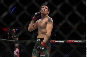 MMA拳手在UFC八角籠內張開嘴巴舉起手慶祝勝利。