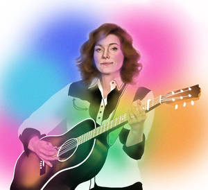 女性在彩虹背景下彈奏原聲結他 — 音樂美學 壁紙