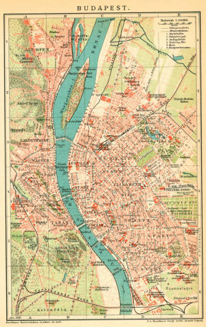 1890年代布達佩斯復古地圖，顯示街道及多瑙河。