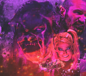 WWE WrestleMania摔角手在霓虹粉紅和紫色中帶有粗糙紋理。
