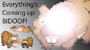 比多獸角色的像素藝術，帶有發光效果和粗體文字「Everything's Coming up BIDOOF!」