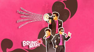 Bruno Mars 在粉紅色背景上使用擴音器和麥克風表演，並帶有歌詞。