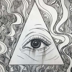 黑白線條藝術中，三角形內的眼睛被面孔和流動的頭髮包圍。 — 繪畫 壁紙