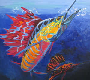 兩條色彩繽紛的旗魚從深藍色水中跳出，帶有紅色的帆。 — 海浪 壁紙