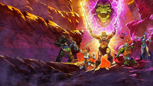 He-Man 和他的團隊在熾熱的洞穴中與Skeletor戰鬥。 — Netflix GIF 壁紙