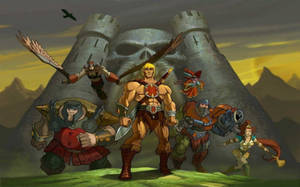He-Man 和他的英雄團隊在日落時分站在一個骷髏城堡前。 — 超級英雄 壁紙