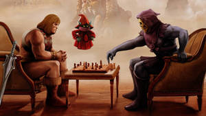He-Man 和 Skeletor 在佈滿灰塵的地牢中與一個漂浮的巫師下棋。