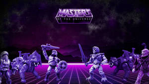 Masters of the Universe動作人偶在紫色星空下，於發光網格上擺出姿勢。 — 螢光紫 壁紙