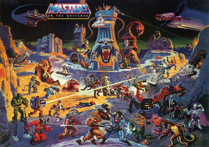 Masters of the Universe角色在一個有城堡和飛行車輛的岩石外星景觀中戰鬥。