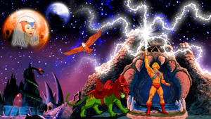 He-Man 和他的獅子站在發光的骷髏山前，星空下有一張臉的月亮。