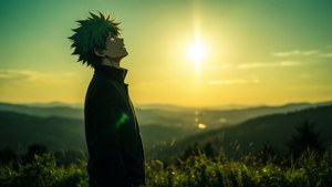 綠色頭髮的動漫角色站在山丘上觀看山上的日落。 — 彈丸論破 壁紙