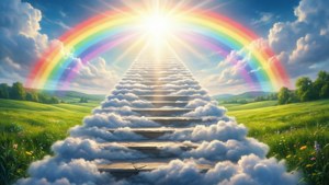 穿過雲朵的石階梯通往綠色田野中彩虹下的明亮太陽。