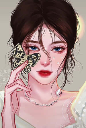 藍眼動漫女孩手持蝴蝶靠近臉龐，帶有露珠。 — 靚靚動畫 壁紙