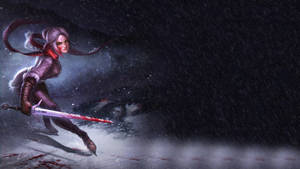 雪中女戰士夜間手持血劍