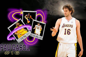 身穿湖人隊球衣的 Pau Gasol 與發光相框，突出他兇猛而堅定的比賽表現。