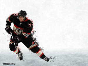 Patrick Kane 穿著 Blackhawks 制服在冰上溜冰，帶有顏料潑濺效果。
