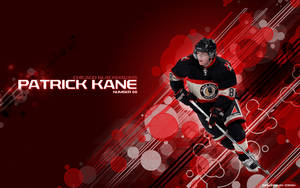 Patrick Kane 身穿黑鷹隊制服，搭配紅色抽象動態圖形滑冰。