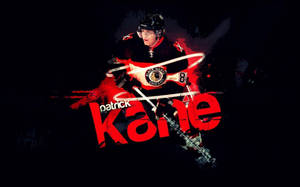Patrick Kane 身穿黑鷹隊制服，帶有紅色發光效果和風格化名字。