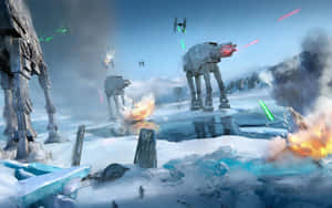 帝國步行機在雪地冰凍戰場上與星際戰鬥機交戰，伴隨爆炸和激光火光。 — 現代戰爭 壁紙