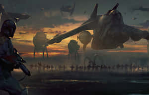 一名孤獨的戰士在日落時分面對士兵和步行機的軍隊。
