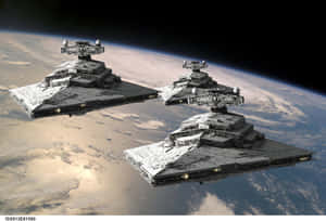 三艘星際驅逐艦在太空中繞行星運行 — 行星 壁紙