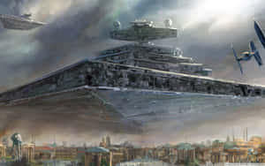 星際毀滅者戰艦在城市上空盤旋，TIE戰鬥機和AT-AT步行者正在戰鬥。
