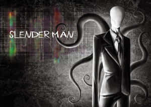 Slender Man 恐怖形象，帶有觸手，背景為帶有故障效果的黑暗背景。