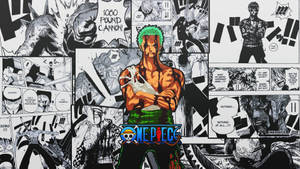 One Piece漫畫面板，彩色索隆被黑白漫畫條包圍。