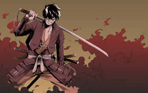 動漫武士戰士以戰鬥姿勢持劍，周圍紅煙旋轉。 — 帥氣 壁紙